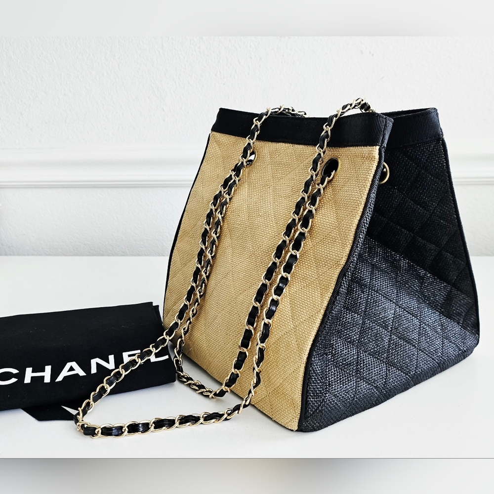 Chanel Black & Tan Quilted Rafia Straw Bag